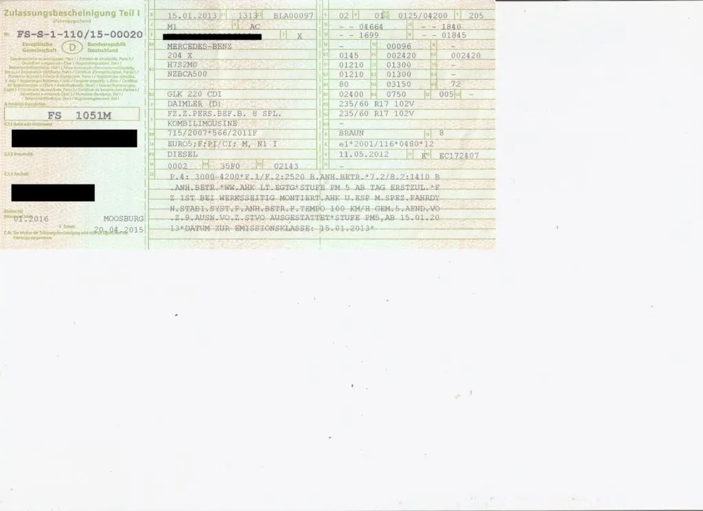 Niemieckie dokumenty samochodowe Fahrzeugbrief Fahrzeugschein