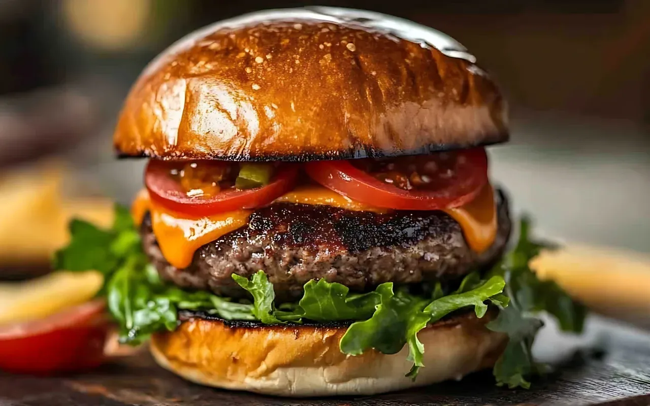 Pyszny burger z soczystą wołowiną, serem, pomidorami i sałatą. Pytanie 