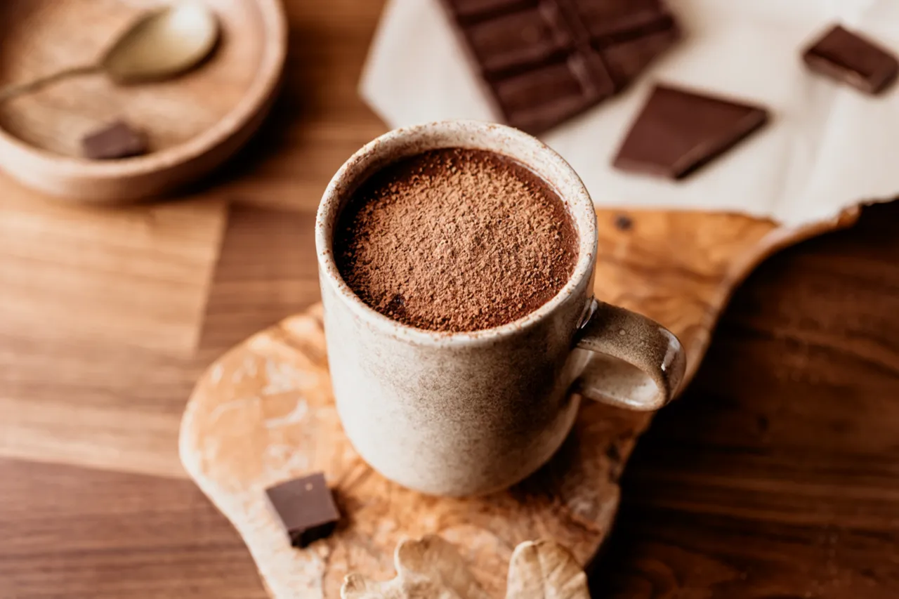 Ziarna kakao i kubek gorącego kakao