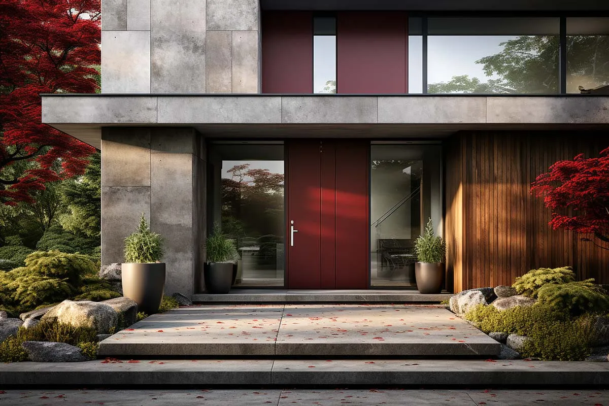 Nowoczesny dom z betonową fasadą i drewnianymi elementami. Centralne, okazałe czerwone drzwi wejściowe otoczone są zielenią i kamieniami.