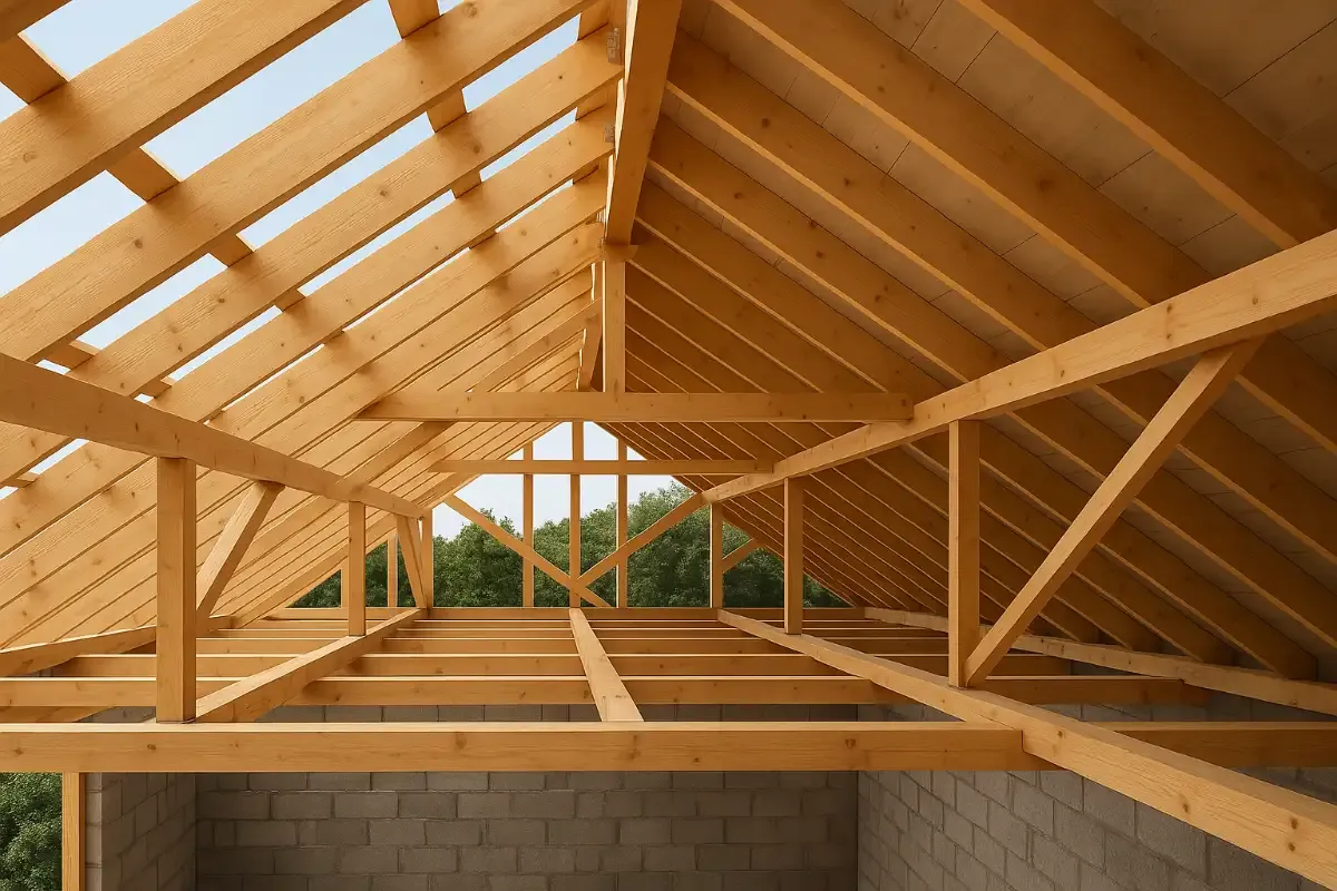 Drewniana konstrukcja dachu, widoczna rozpiętość element&oacute;w nośnych, tworzy szkielet przyszłego budynku.