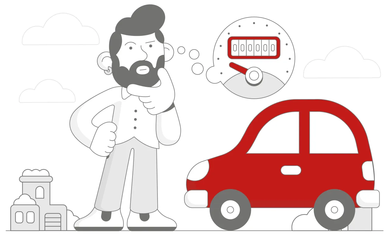 Zastanawiający mężczyzna obok czerwonego auta i licznika. Kluczowe pytania, o co pytać przy zakupie auta, by uniknąć rozczarowania.