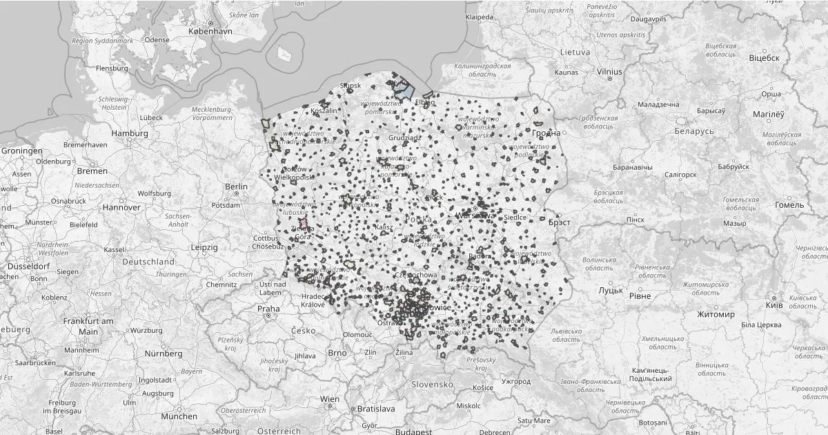Mapa Polski z zaznaczonymi miastami i małymi miejscowościami, symbolizująca zasięg usług transportowych od adresu do adresu