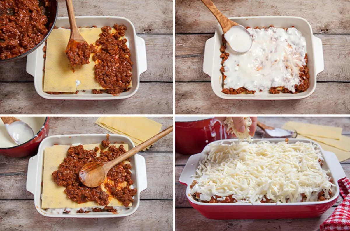 montaje de lasaña en una fuente para horno mostrando las capas