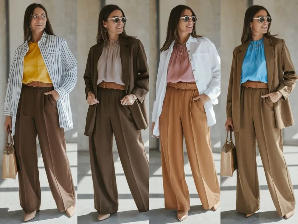 por&oacute;wnanie stylizacji ze spodniami w ciemnym i jasnym kolorze na tej samej modelce