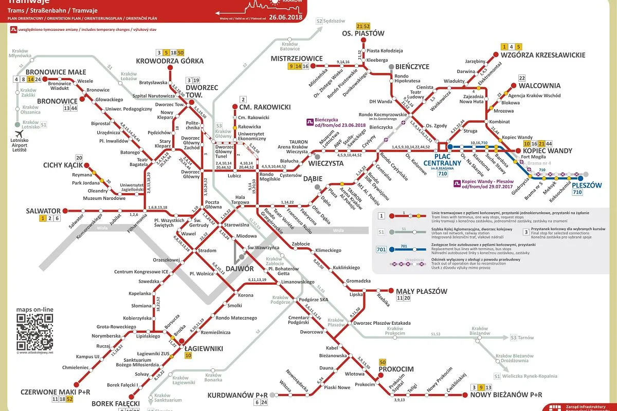 Mapa komunikacji miejskiej w Krakowie, z zaznaczonymi liniami tramwajowymi i autobusowymi. Busy Krk pl.