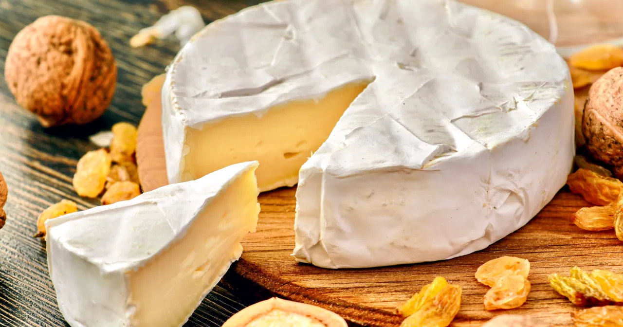 Pyszny camembert z białą pleśnią, z kawałkiem odciętym dla spr&oacute;bowania. Zastanawiasz się, ile kalorii ma camembert?