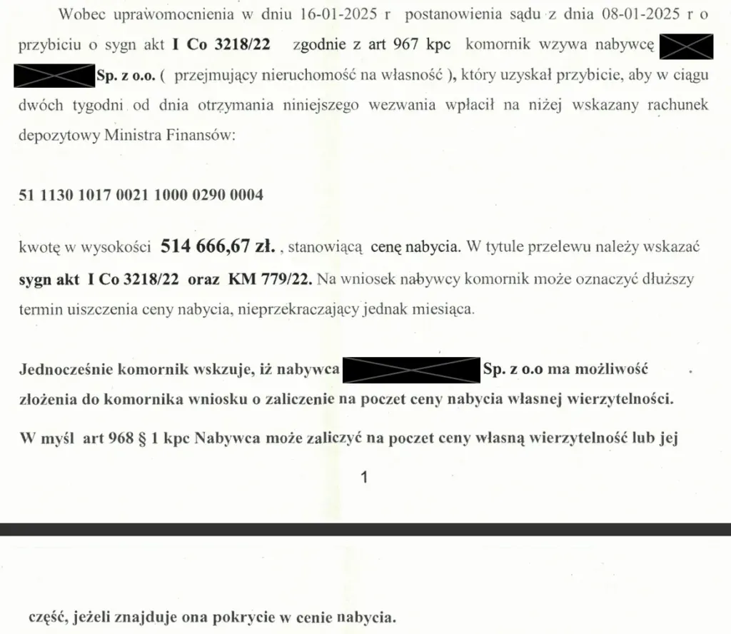 postanowienie o przybiciu nieruchomości komornik