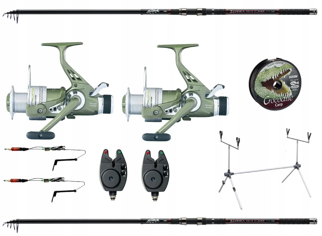 Zestaw do karpiowania: wędka, dwa kołowrotki, żyłka, sygnalizatory brań i rod pod. Idealny, by dowiedzieć się, jak uzbroić wędkę na karpia.