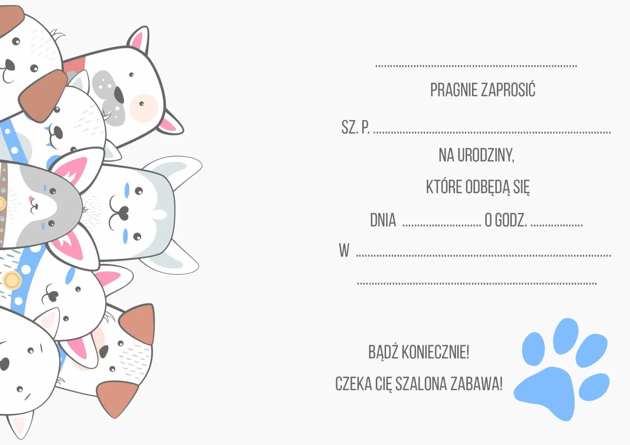 przykładowe zaproszenie urodzinowe z pustymi polami do wypełnienia