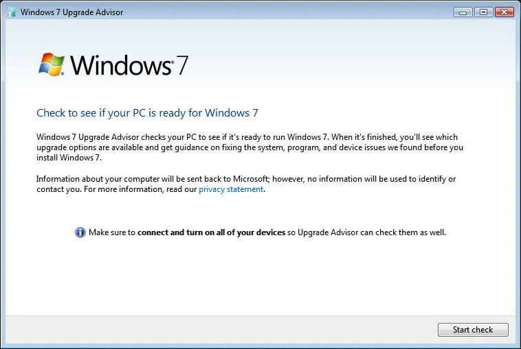 Windows 7 Upgrade Advisor screenshot