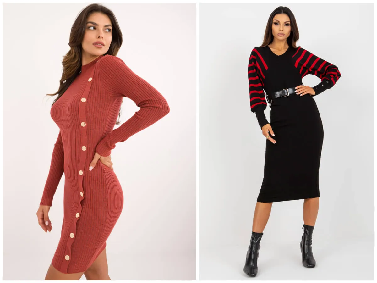 dzianinowe sukienki midi na wigilię, dzianinowe komplety świąteczne