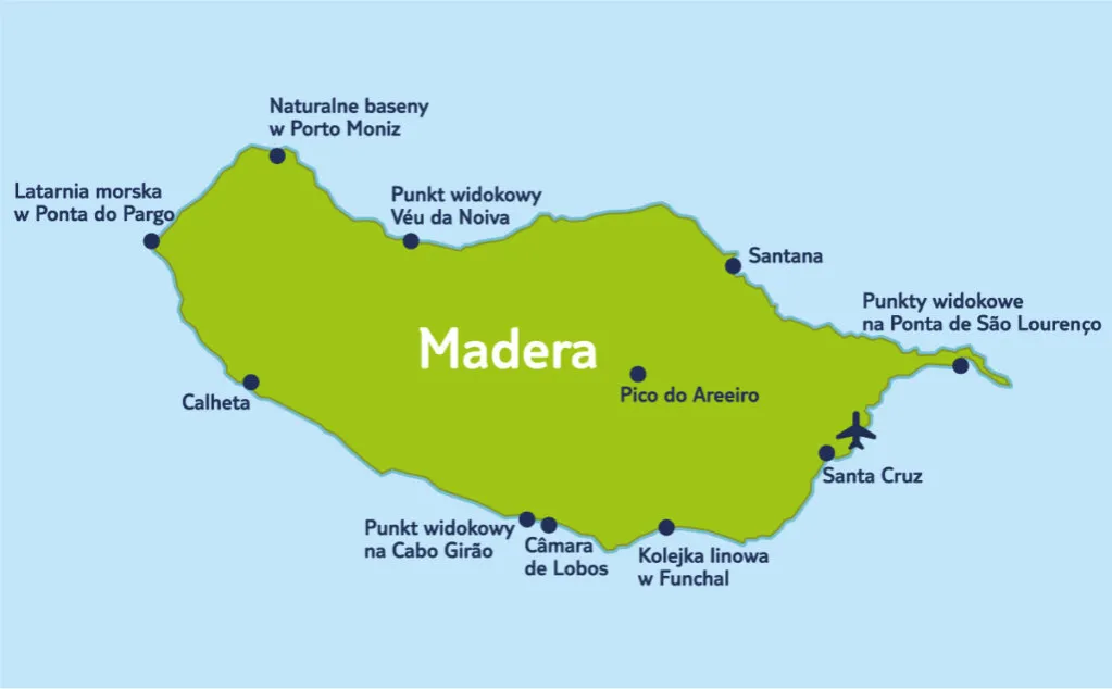 Mapa Madery z zaznaczonymi regionami południowymi