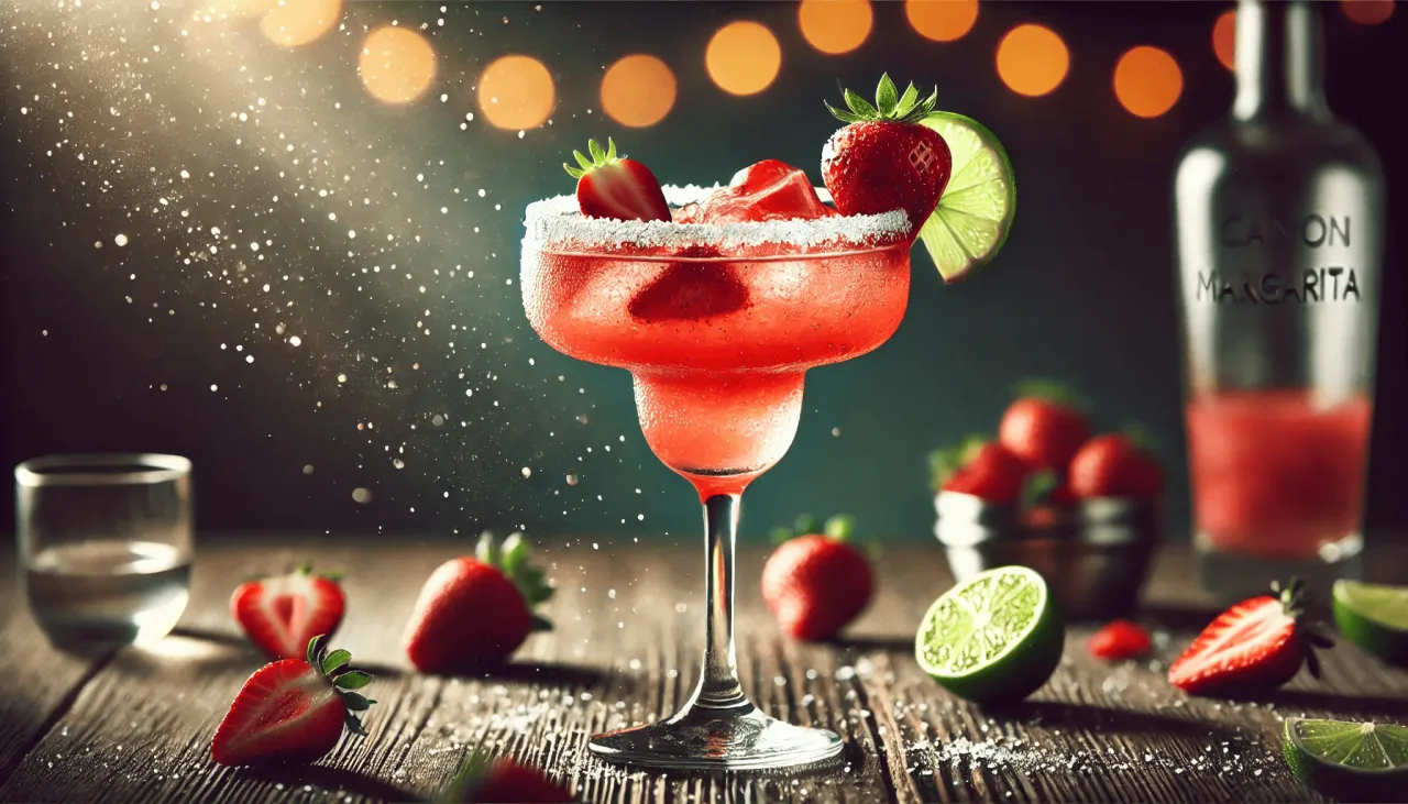 Margarita klasyczna kontra Margarita truskawkowa. Owocowa rozkosz na drewnianym blacie, w blasku świateł.