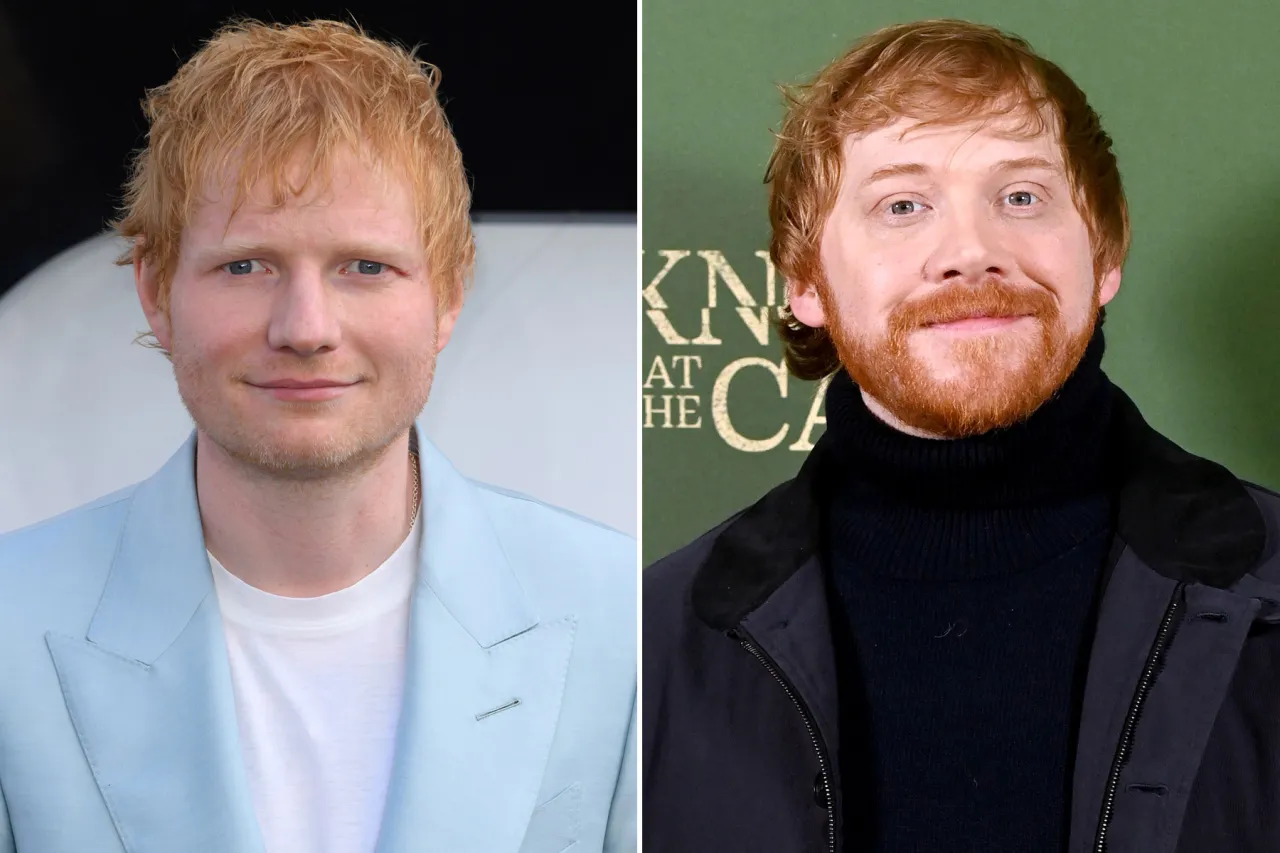 Ed Sheeran i Rupert Grint, który grał Rona Weasleya w Harrym Potterze, obok siebie.