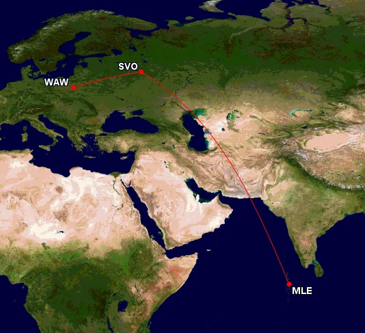 Mapa lotów czarterowych Polska Malediwy