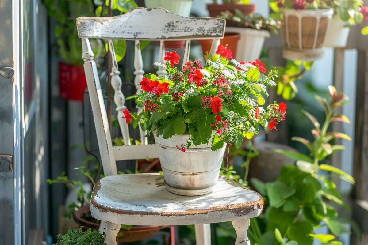 inspiracje na kwietnik ze starego krzesła DIY