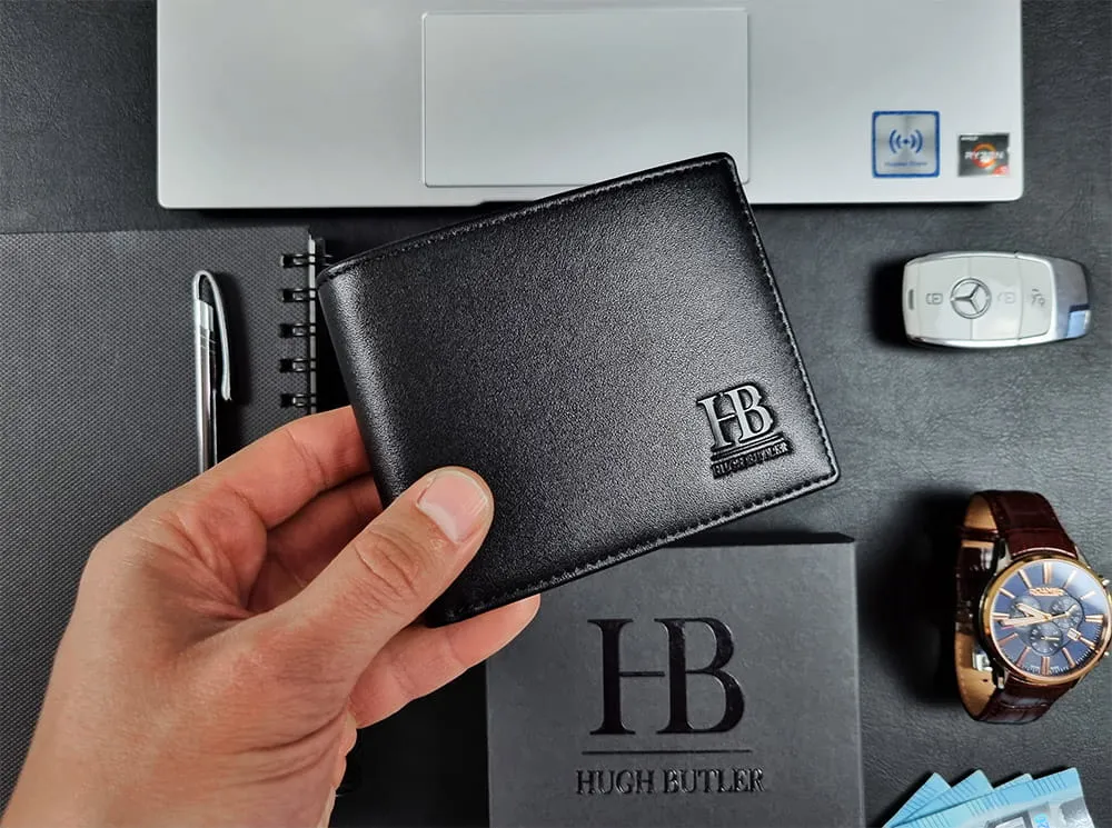 Eleganckie akcesoria męskie, portfel skórzany, zegarek