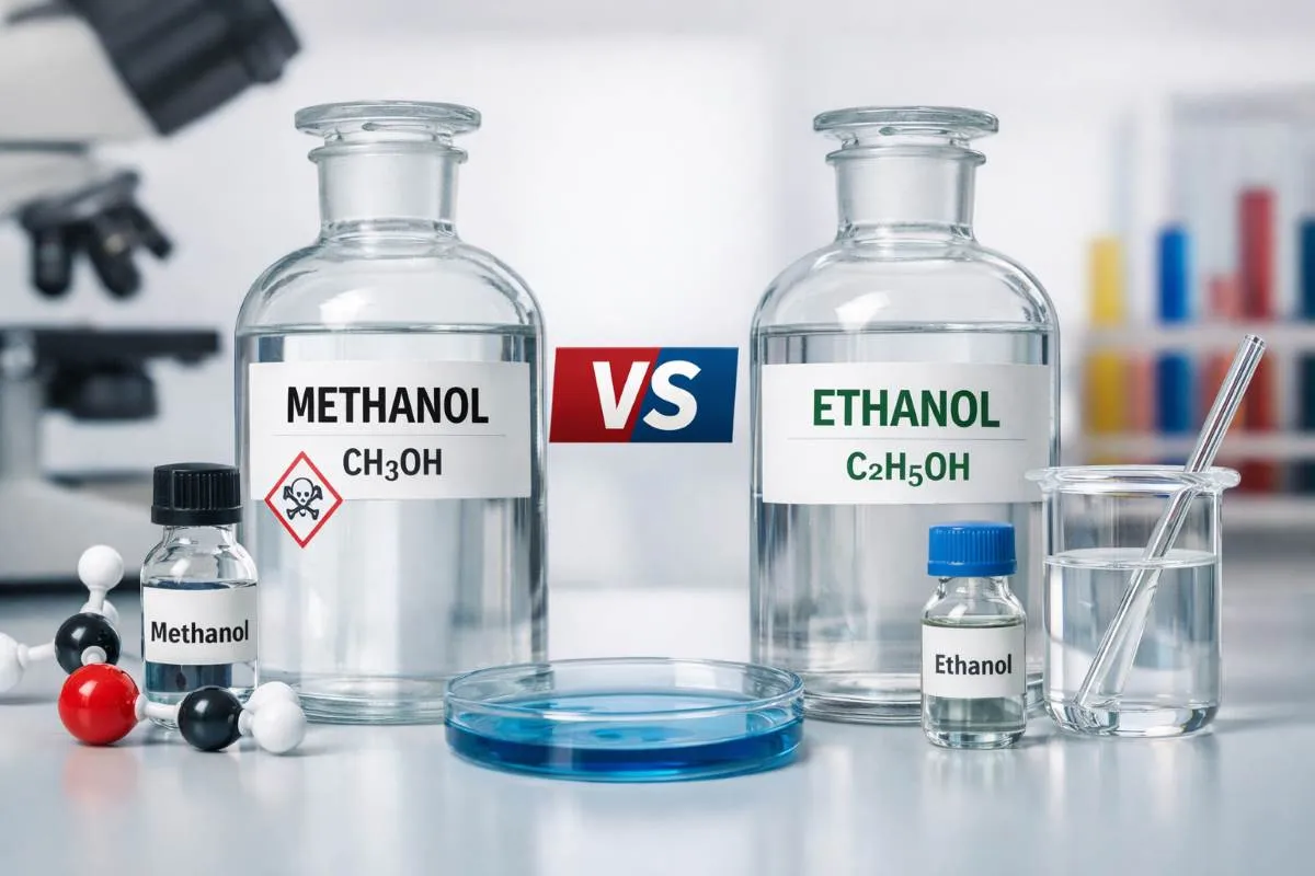 Jak rozpoznać metanol w domowej wódce? Na zdjęciu porównanie metanolu i etanolu, z ostrzeżeniem o toksyczności metanolu.