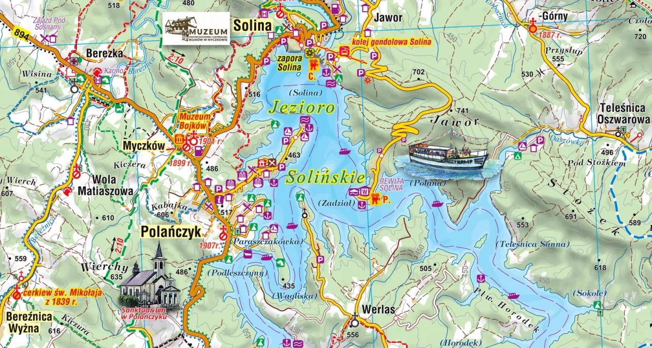 Mapa Bieszczadów z zaznaczonymi miejscowościami turystycznymi