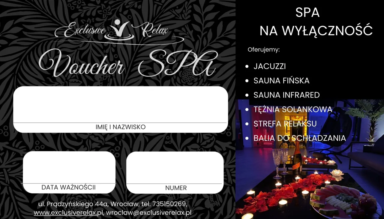 Voucher SPA Exclusive Relax na wyłączność. Oferuje jacuzzi, sauny, tężnię solankową, strefę relaksu i balię do schładzania.