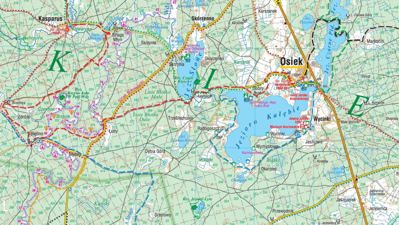 Mapa Borów Tucholskich z zaznaczonymi jeziorami i rzekami