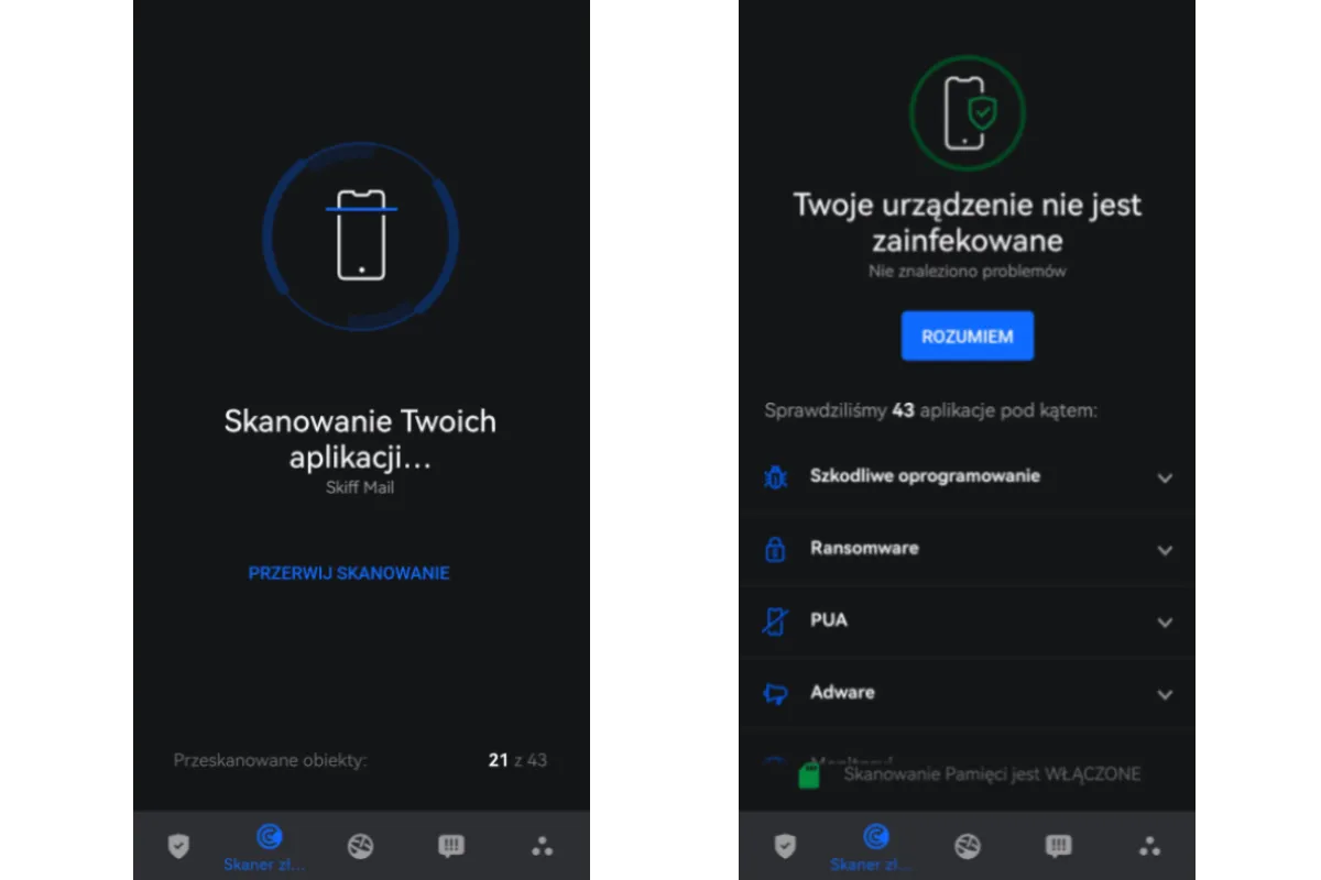 Skanowanie telefonu wykryło wirus w telefonie. Urządzenie jest czyste, nie znaleziono zagrożeń.
