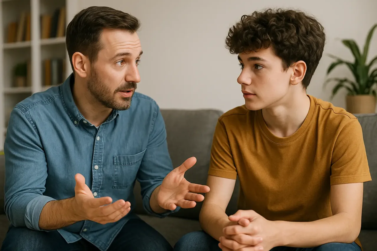 Ojciec rozmawia z synem, szukając sposobu, jak rozmawiać z nastolatkiem w depresji.