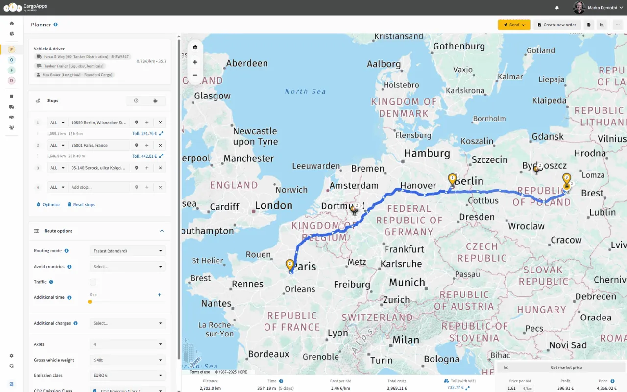 mapa europy trasy ciężarówek
