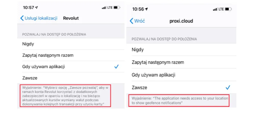 Ustawienia lokalizacji aplikacji iPhone opcje dostępu