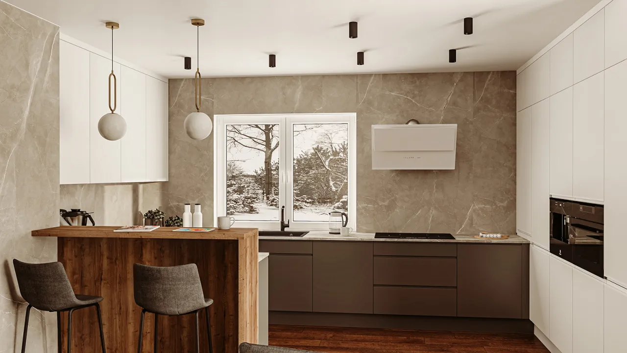 Nowoczesna kuchnia z szafkami do sufitu, minimalistyczny design