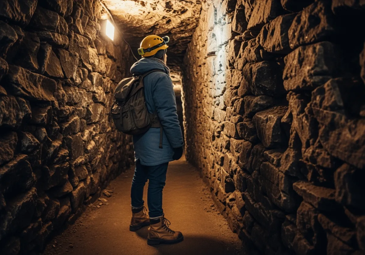 Osoba ubrana warstwowo na wycieczce w kopalni