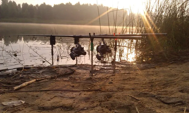 wędki karpiowe na stojaku nad wodą