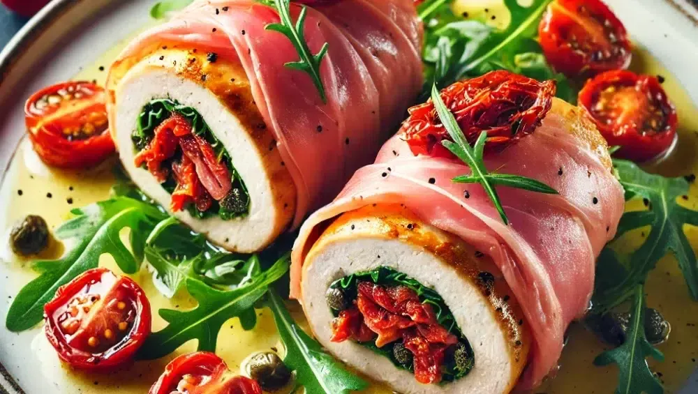 Rolada drobiowa z suszonymi pomidorami podana z dodatkami