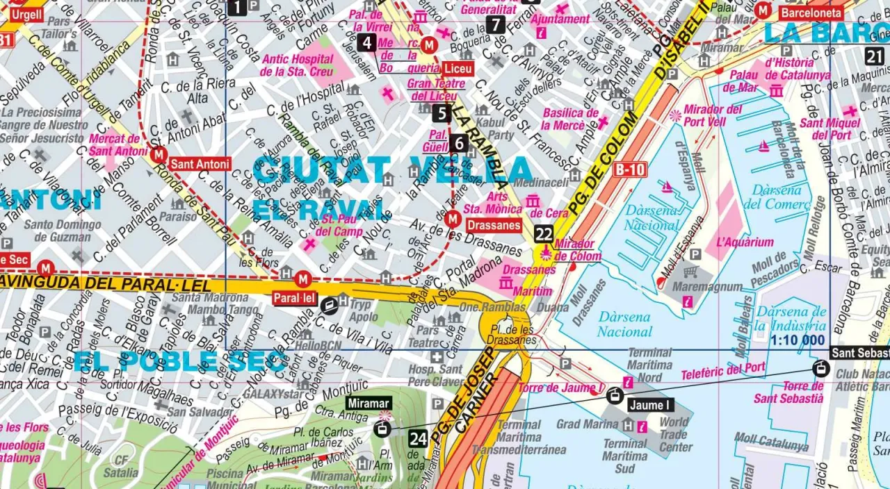 Mapa Barcelony z zaznaczonymi dzielnicami i atrakcjami. Szukasz barcelona noclegi gdzie najlepiej? Sprawdź okolice La Rambla, El Raval i Port Vell.
