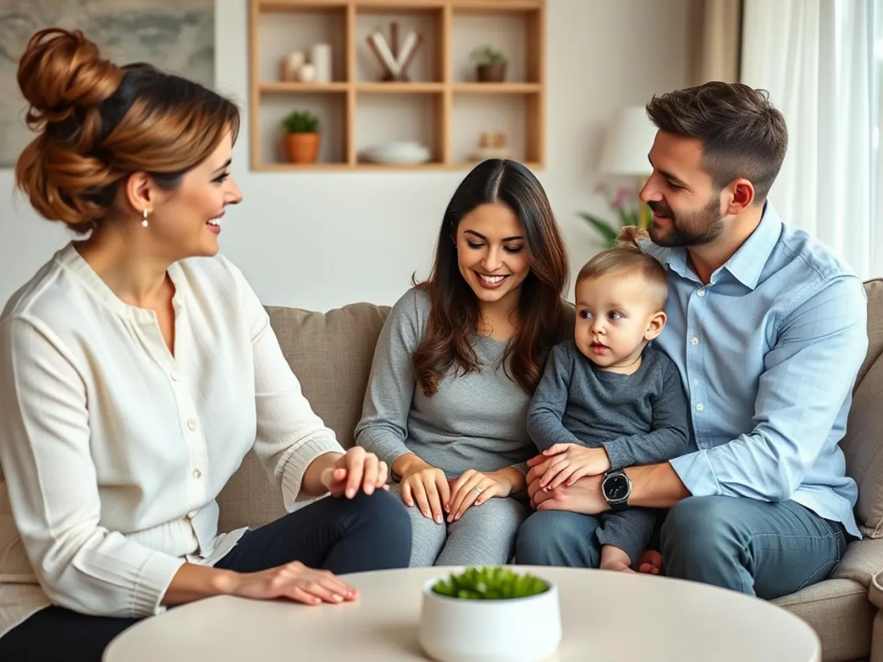 Rodzina z dzieckiem rozmawia z kobietą, która może być kuratorem rodzinnym. Wszyscy uśmiechnięci, atmosfera spokoju.