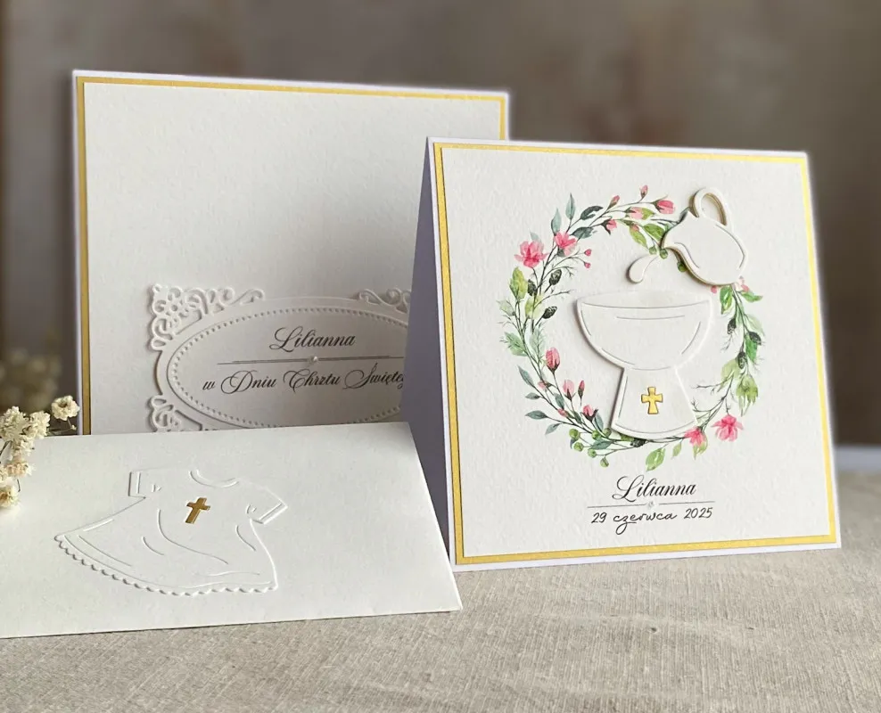 elegancka kartka okolicznościowa na chrzest z pieniędzmi w środku