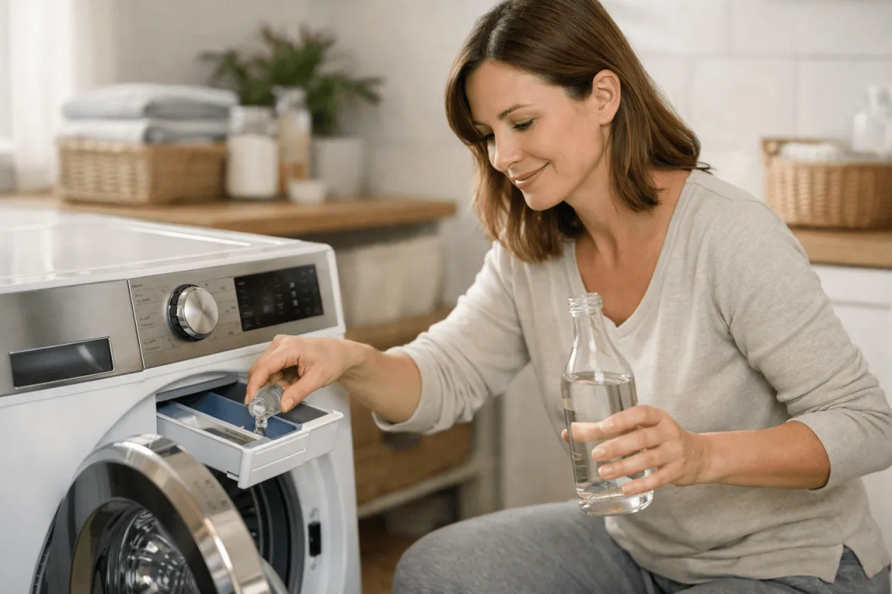 Kobieta wlewa płyn z butelki do szuflady pralki. Czy ocet niszczy uszczelki? Pytanie, które nurtuje wiele osób.
