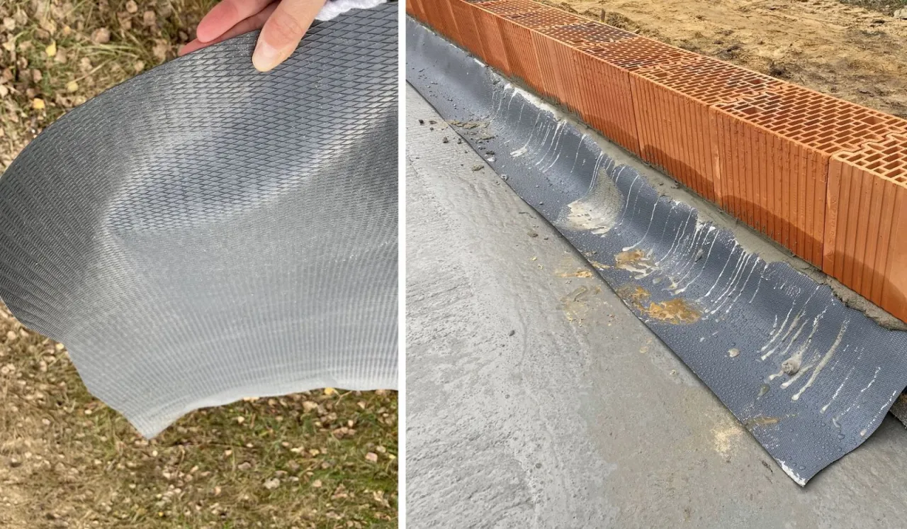 Szara, perforowana papa na fundament, gotowa do ułożenia. Obok widoczny fragment fundamentu z ułożoną papą i ścianą z pustaków.