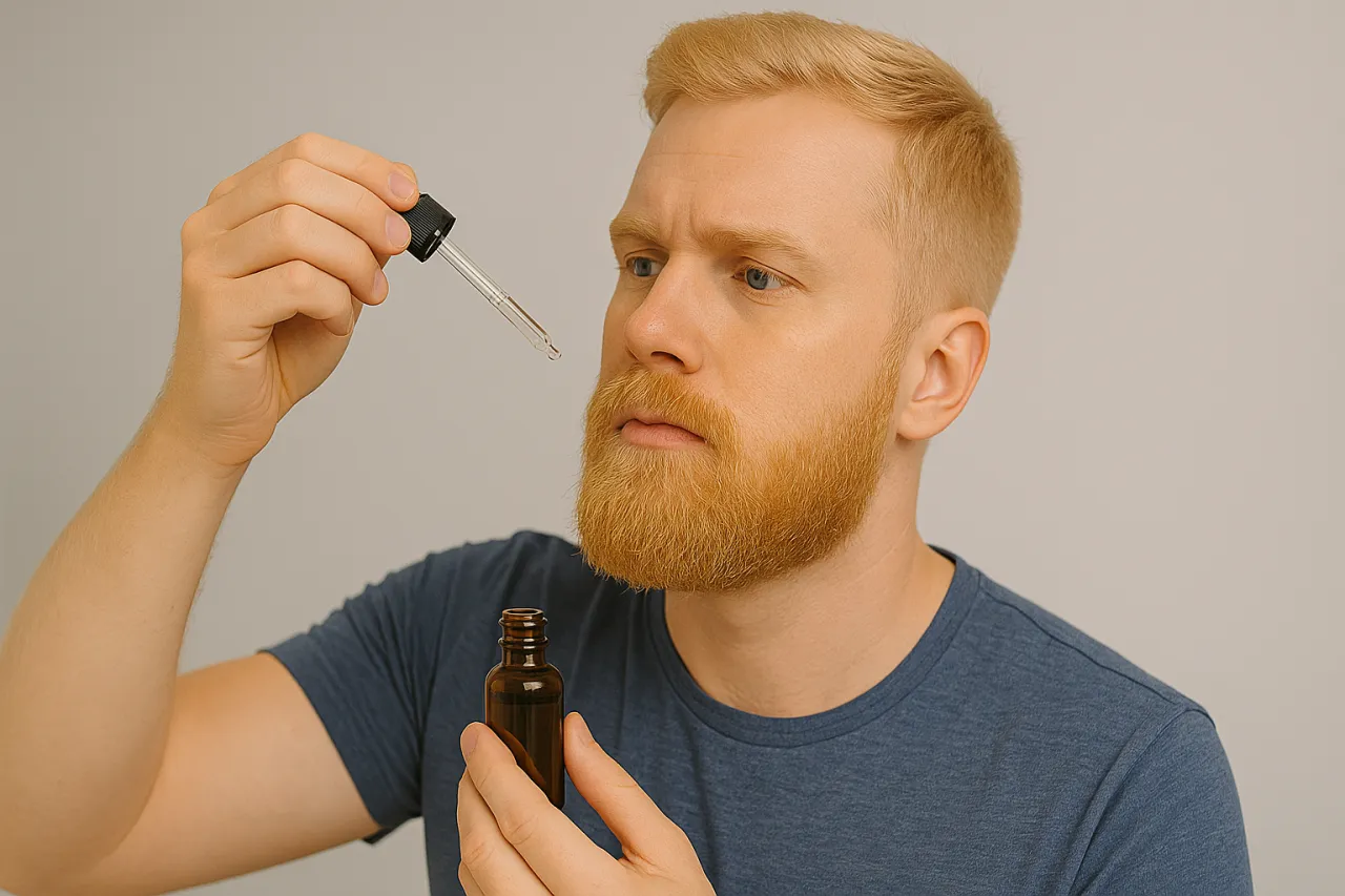 Mężczyzna z rudym zarostem aplikuje olejek z pipetki. To klucz do tego, jak pobudzić zarost i nadać mu blask.
