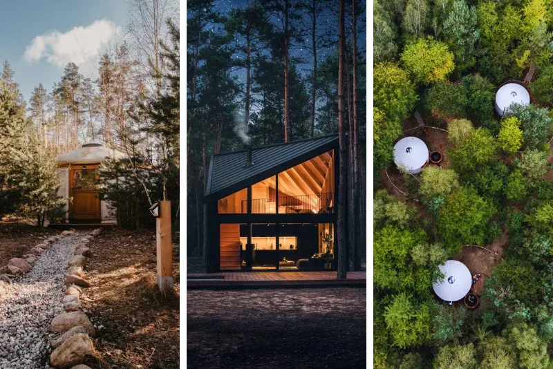 Różne typy alternatywnych noclegów: hostel, agroturystyka, glamping