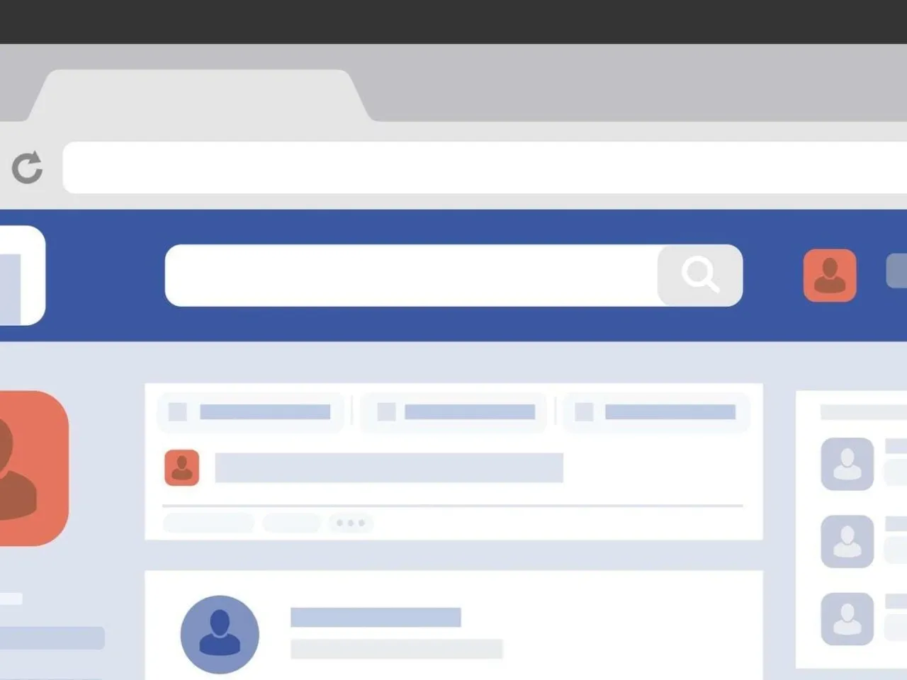 Interfejs Facebooka, pokazujący pasek wyszukiwania i ikonę profilu. Dowiedz się, jak dodawać zdjęcia na Facebooku.