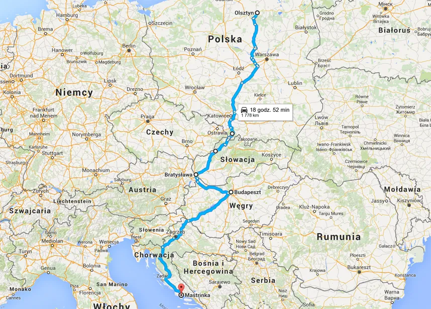 Mapa trasy samochodowej Polska Zadar przez Czechy Austrię Słowenię