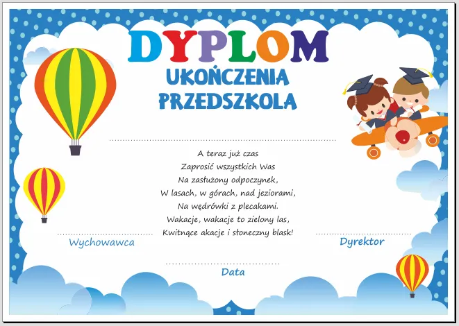 dyplom ukończenia przedszkola z życzeniami od nauczyciela