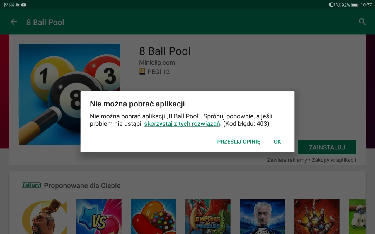 Telefon z komunikatem błędu Google Play