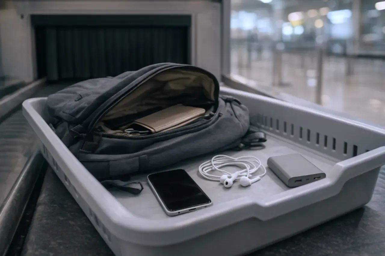 Na lotnisku w szarej tacce leżą plecak, telefon, słuchawki i powerbank. Czy powerbanki o dużej pojemności można przewozić w samolocie?
