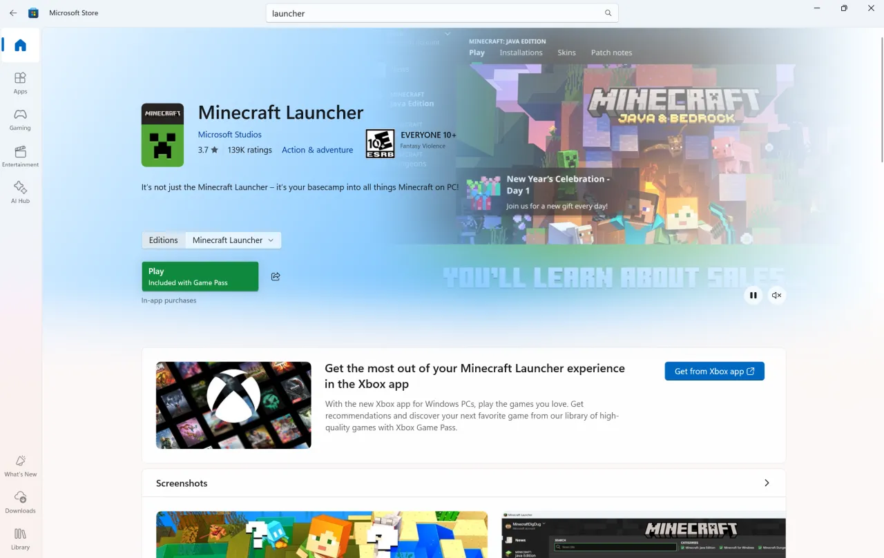 Minecraft Bedrock update on Microsoft Store or mobile app store
