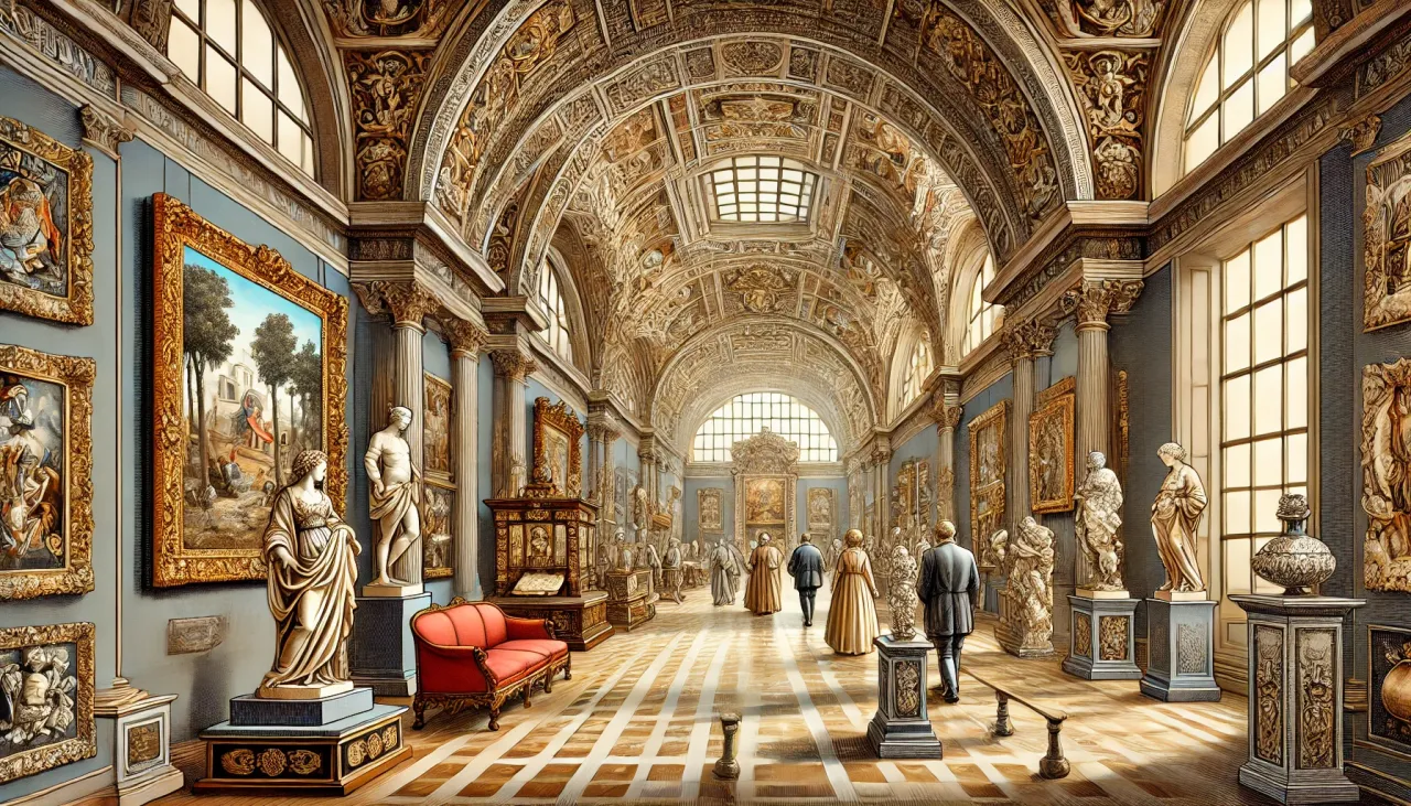 Wnętrze muzeum z rzeźbami i obrazami, ukazujące cechy sztuki renesansowej: harmonię, symetrię i klasyczne inspiracje.