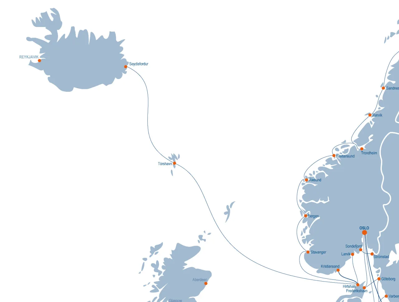 Mapa trasy promu Hirtshals Seyðisfjörður Wyspy Owcze