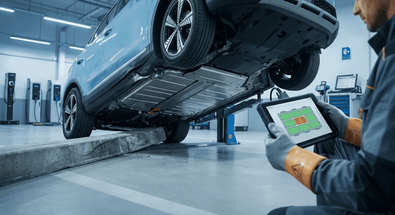 Mechanik z tabletem analizuje awarię baterii auta elektrycznego. Czy to powód, dlaczego mechanicy odmawiają naprawy aut elektrycznych w 2026 roku?